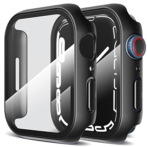 LK 2 Pack Hard PC Case Compatible with Apple Watch Series 8 & Series 7 45mm, Built-in 9H Tempered Glass, Bumper Overall Protective Cover, Ultra Thin Screen Protector for iWatch 8/7 45mm -Black