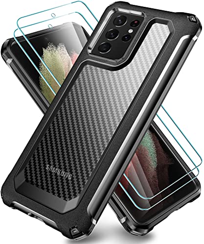 SUPBEC Samsung Galaxy S21 Ultra Case, Carbon Fiber Shockproof Protective Cover with Screen Protector [x2] [Military Grade Protection] [Anti Scratch], Phone Case for Samsung S21 Ultra 5G, 6.8″, Black