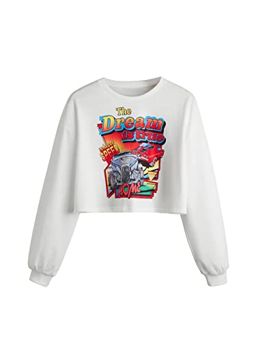 SOLY HUX Girl’s Letter Car Graphic Print Long Sleeve Crop Top Sweatshirt Pullover White 10-11Y