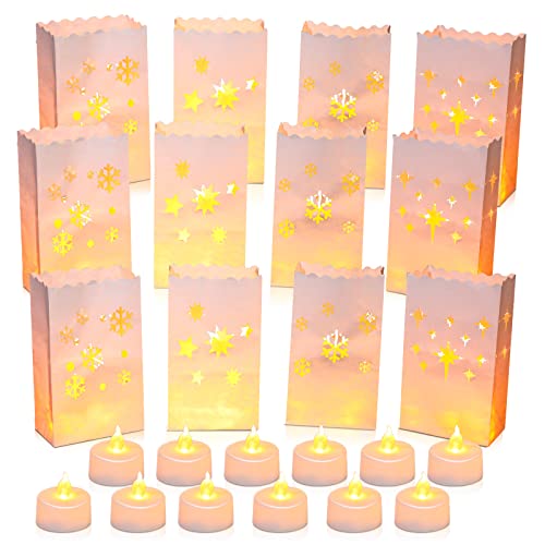 12 Pieces Luminary Paper Bags with 12 Led flameless Candle White Luminary Paper Bags Flame Resistant Candle Bag Candle Holder Bag Star Snow Luminaries Christmas Party Decoration