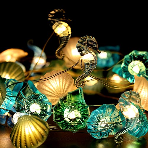 Beach Sea String Lights, Beach Ocean Nautical Theme Seashell Seahorse Decorative Lighting, 40 LEDs Battery Operated and USB for Valentine’s Day Bedroom Christmas Wedding Party Decor Remote and Timer