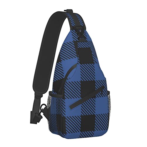 SWEET TANG Large Capacity Sling Chest Bag Navy Blue Plaid Pattern Backpack for Men Boys, Funny Crossbody Backpack with Adjustable Strap for Hiking Outdoor Sports