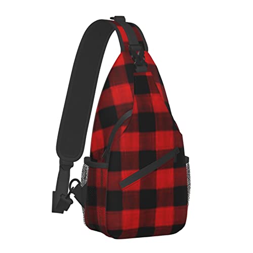 SWEET TANG Large Capacity Sling Chest Bag Red Black Buffalo Check Plaid Pattern Backpack for Men Boys, Funny Crossbody Backpack with Adjustable Strap for Hiking Outdoor Sports