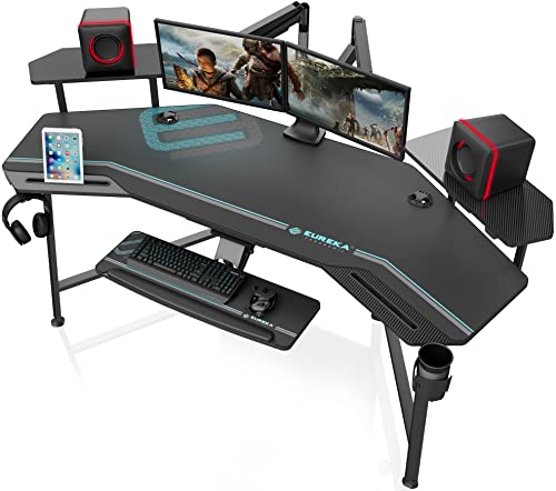 EUREKA ERGONOMIC Gaming Desk with Led Lights, 72″ Large Wing-Shaped Studio Desk W Keyboard Tray Monitor Stand Dual Headphone Hanger Cup Holder for Live, Streamer