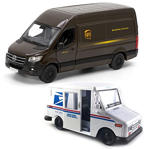 📦 UPS Mercedes-Benz Sprinter + 📬 United States Postal Mail Truck Grumman LLV 5 Inch Die Cast Metal Model Toys SetOf2