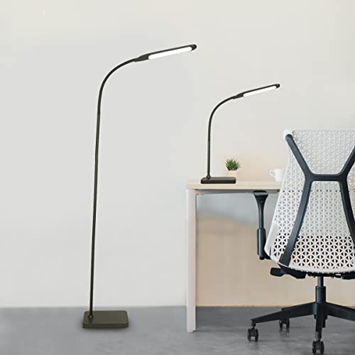 Syrinx 2 in 1 LED Floor, Desk Lamp, 5 Brightness Levels & 5 Colors Temperatures, Dimmable, Adjustable Gooseneck Pole Lamp for Living Room Office Bedroom – Black