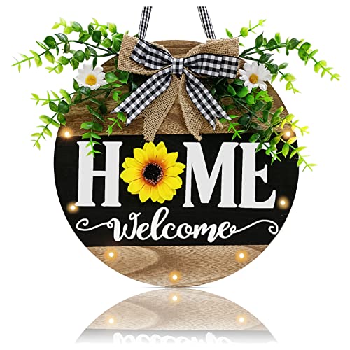 Welcome Sign for Front Door Decor, 12 Inches Rustic Farmhouse Front Porch Home Decor Sign, Round Wooden Welcome Decor Sign with 7 LED Lights for Home, Business, Restaurant, Shop, Christmas Gift