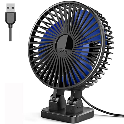 Wurclousnow USB Fan for Desk, Mini Desk Fan, 3 speed in Single Button, Rotation Strong Wind Desktop Cooling Fan, Quite Mini Personal Fan for Home Office Table, 5inch (Black Blue)