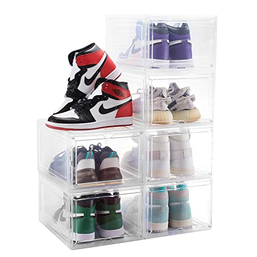 Shoe Box, 6 Pack Shoe Storage Boxes Clear Plastic Stackable, Drop Front Shoe Organizer with Lids, Shoe Containers For Sneaker Display, Fit up to US Size 12 (13.6”x 10.4”x 7.5”) (Clear)…