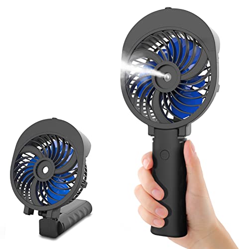 ALPIAZ Misting Handheld Fan Foldable, Personal Small Desk Table Fan, USB Charging, Super Quiet, 3 Speeds, Light-weight for Outdoor Camper Golf Cart or Indoor Personal Office Desk- Blue Blades