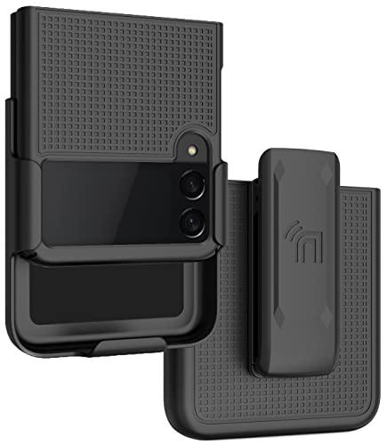 Case with Clip for Galaxy Z Flip 3 5G, Nakedcellphone [Grid Texture] Slim Hard Shell Cover and [Rotating/Ratchet] Belt Hip Holster Holder Combo for Samsung Z Flip3 Phone (SM-F711, 2021) – Black