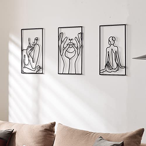 DeaTee 3 Packs Metal Wall Decor, 0.12”Thicker Minimalist Wall Decor Art, Black Metal Wall Art, Modern Abstract Female Single Line Wall Sculptures for Bedroom and Living Room (18.0 x 12.0 Inches)