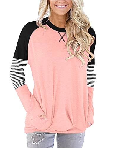 onlypuff Stripe Long Sleeve Tee Shirt for Women Pink Pocket Sweatshirt Comfy Basic Tops M