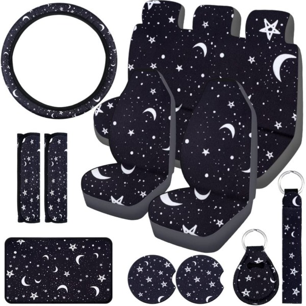 15 Pieces Moon and Stars Car Seat Cover Full Set for Women Men Upgrade Thick Car Front Seat Covers Universal Steering Wheel Cover Separate Headrest Cover Seat Belt Pads for Auto Truck (Star Pattern)