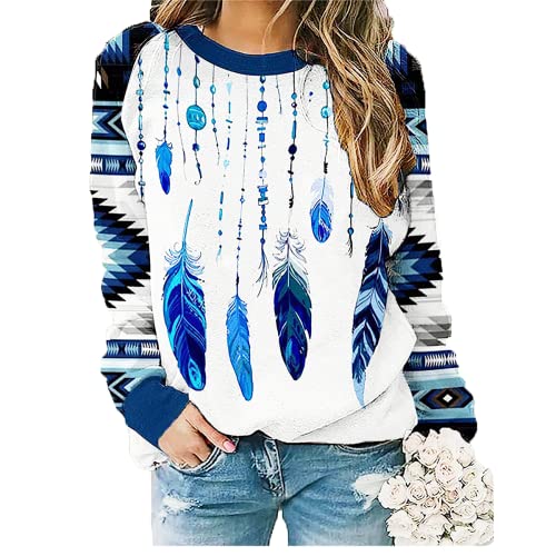Womens Long Sleeve Shirts Western Aztec Print Fit Tops Fall Casual Fashion Round Neck Blouses X-Large