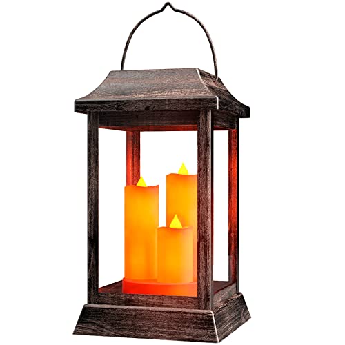 Vintage Solar Lanterns Outdoor Decorative Candle Lantern Hanging Waterproof Metal & Glass Tabletop Lanterns Decor Flickering LED Pillar Candle for Patio Garden,Gift for Halloween, Christmas