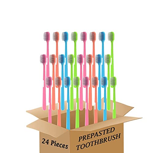 N-amboo Colorful Prepasted toothbrushes Soft Bristles Adult Size Disposable Toothbrush Individual Package Travel Toothbrush (24 Pieces)