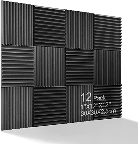 Kuchoow 12 Packs Sound Proof Foam Panels for Walls Acoustic Panels Sound Absorbing Foam Padding for Decreasing Noise and Echoes Soundproof Foam for indoor (1″ X 12″ X 12″）,(Black)