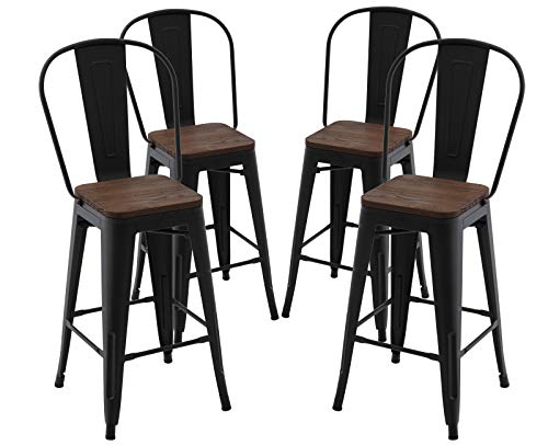 XITICCHOME Metal Counter Height Bar Stools Set of 4 Modern 26 Inch Seat Rustic Barstools with Tall Back Industrial Chairs for Kitchen/Farmhouse/ Cafe/Outdoor (Black) Black, High Backrest 26inch