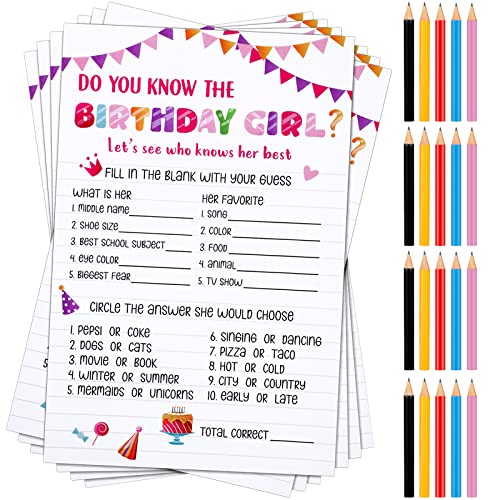 50 Sheets Who Knows The Birthday Girl Game Cards Birthday Girl Party Game Cards with 20 Pieces Pre Pointed Wood Pencils Notebook Themed Party Activity Card for Sleepover Slumber Party Supplies