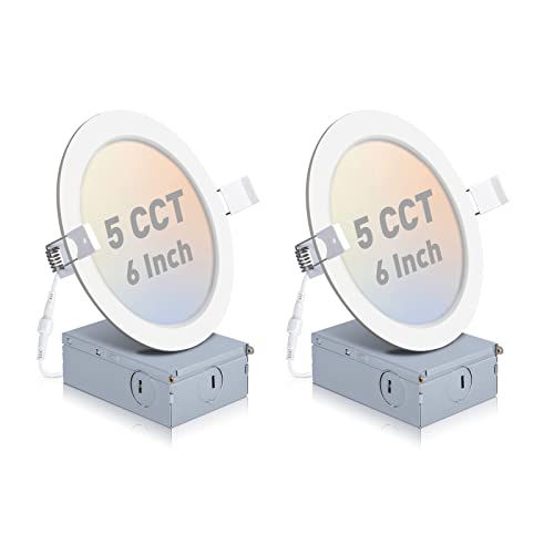 POWERASIA 2 Pack Recessed Lighting 6 Inch with Junction Box, 2700K/3000K/4000K/5000K/6000K Dimmable Flush Mount Ceiling Light, 15W 1200lm Canless Recessed Lighting-ETL and Energy Star Certified