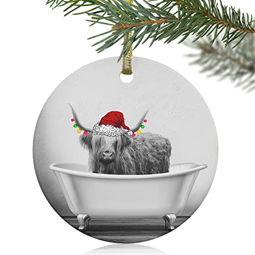 Christmas Ornament, Xmas Hanging Decorations- Funny Highland Cow with Christmas Hat Christmas Tree Ornament Gift for Housewarming, Party, New Year and Holiday