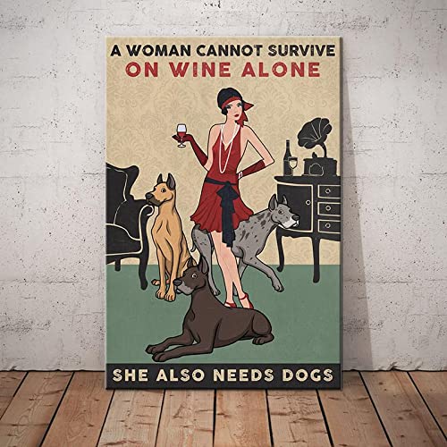 A Woman Cannot Survive On Wine Alone She Also Needs Dogs Retro Metal Tin Sign Vintage Sign for Home Coffee Garden Wall Decor 8×12 Inch