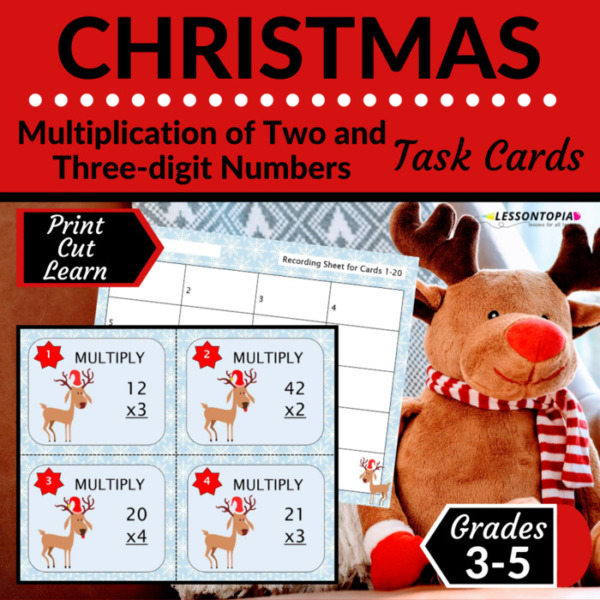 2- and 3-Digit Multiplication | Task Cards | Christmas