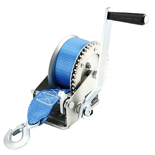 Boat Trailer Winch, JEUIHAU 1200 Lbs Heavy Duty Hand Winch with 23 Ft Blue Strap, Hand Boat Crank Winch, Manual Trailer Winch with Hook for Pulling ATV Boat Trailer Truck