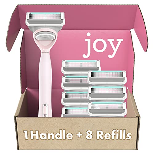 joy Razors for Women, 1 Handle, 8 Razor Blade Refills, Pink, Lubrastrip to Help Avoid Skin Irritation