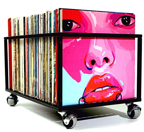 Needle A Vinyl Record Storage With Wheels – Up to 120 LP Storage – Fit All Vinyl Cover Sizes – Sturdy Metal Vinyl Record Holder, Organizer, Rack for Albums