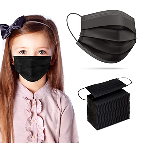 [Pack Of 100] kids Disposable Face Masks Boys and Girls 3-Ply Masks | Facial Cover with Elastic Earloops For Childcare School (Black)