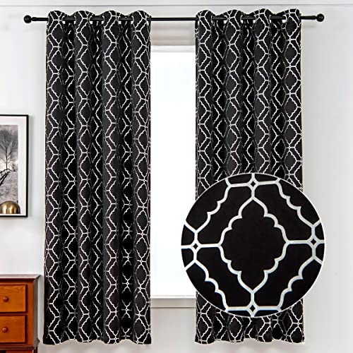 Blackout Curtains 84 Inch Length – Metallic Silver Black Curtains for Bedroom, Thermal Insulated Window Blackout Curtain Panels Set of 2 Geometric Patterned Curtains, 52 x 84 Inch, Silver Black