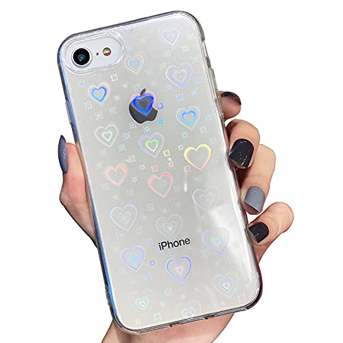 SmoBea Compatible with iPhone SE 2022 Case, iPhone SE 2020 Case, iPhone 7/8 Case for Laser Bling Heart Soft & Flexible TPU and Hard PC Shockproof Cover Women Girls Heart Pattern Case (Heart/Clear)