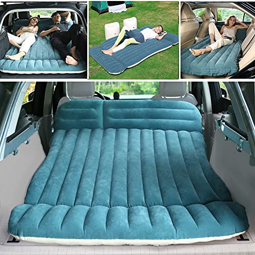 Inflatable SUV RV MPV Car Air Mattress, Thickened Blow Up Outdoor Travel Camping Back Seat Bed, Flocking Surface Sleeping Mattress Cushion with Footstools Pump, Size 77.56×49.60x4in, Darkgreen, Full