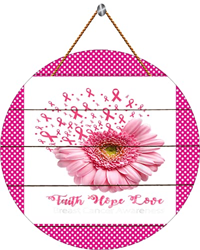 Round Wood Signs for Home Decor Faith Hope Love Sign Breast Cancer Awareness Sign Awareness Hanging Wood Sign Rustic Vintage Wood Sign Decorations for Living Room Bedroom Wedding, 12X12 Inch