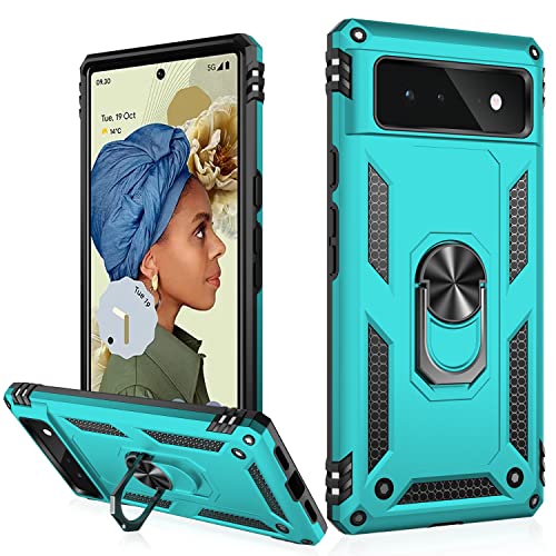 IKAZZ Google Pixel 6 Case with Screen Protector,Military Grade Shockproof Heavy Duty Protective Phone Case Pass 16ft Drop Test with Magnetic Kickstand Car Mount Holder for Google Pixel 6 Turquoise