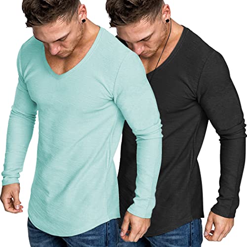 COOFANDY Men 2 Pack Workout Fitted T Shirt Athletic V Neck Long Sleeves Tee Top Black/Light Green