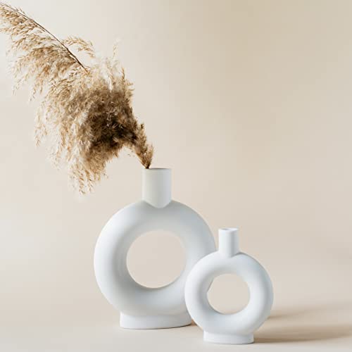Set of 2 White Ceramic Vase, Ceramic Decor, Donut Vase Set, White Vases for Decor, Ceramic Vase Set, Nordic Minimalism Style Decor, Vase Decor, Shelf Decor, Table Decor, Mantle Decor, Bookshelf Decor