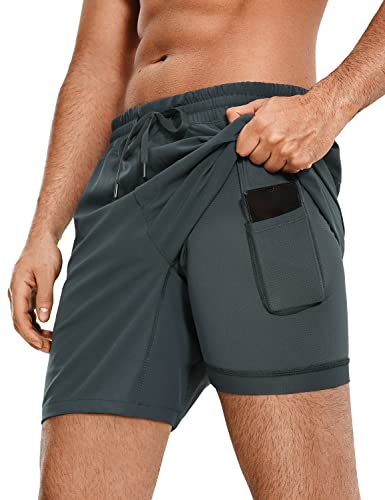 CRZ YOGA Men’s 2 in 1 Running Shorts with Liner – 7” Quick Dry Workout Sports Athletic Shorts with Pockets Melanite Large