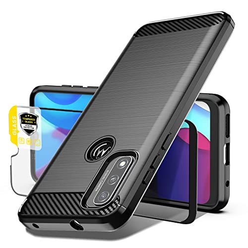 Dretal for Motorola Moto G Pure Case, Moto G Pure Case with Tempered Glass Screen Protector, Shock-Absorption Brushed Flexible Soft Carbon Fiber Protective Cover for Motorola G Pure (LS-Black)