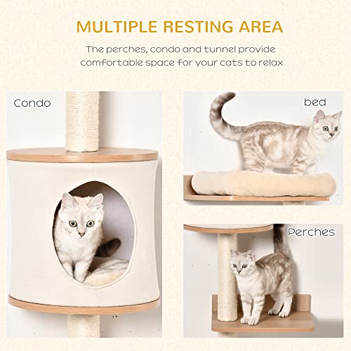 PawHut 4-Level Wall-Mounted Cat Tree Activity Tower, Wall Cat Shelves with Sisal Rope Scratching Posts, Cat Condo and Bed, Light Brown | The Storepaperoomates Retail Market - Fast Affordable Shopping
