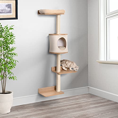 PawHut 4-Level Wall-Mounted Cat Tree Activity Tower, Wall Cat Shelves with Sisal Rope Scratching Posts, Cat Condo and Bed, Light Brown | The Storepaperoomates Retail Market - Fast Affordable Shopping