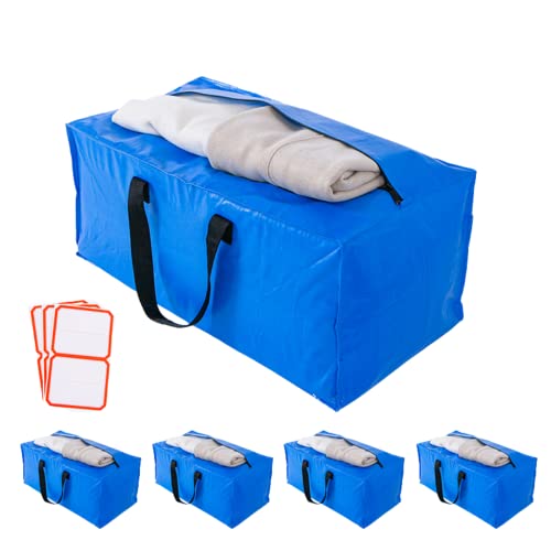Extra Large Heavy Duty Moving Bags, Blue Storage Totes with Zippers for Clothing Blanket Storage, Dorm College Moving Supplies Boxes, Travelling Bag ,Clothes Storage Bins Compatible with Ikea Frakta Cart, 5 Packs,6 labels