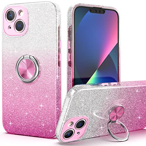 PeeTep iPhone 13 Case, Slim Glitter Sparkly Case with 360°Ring Holder Kickstand Magnetic Car Mount Shock-Absorbent Protective Durable Cover for iPhone 13 6.1″ for Girls Women, Pink