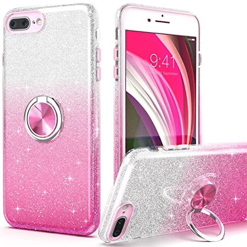 PeeTep iPhone 8 Plus Case, iPhone 7 Plus Case for Girls Women, Slim Glitter Sparkly Case with 360°Ring Holder Kickstand Magnetic Car Mount Shock-Absorbent Protective Durable Cover,Pink