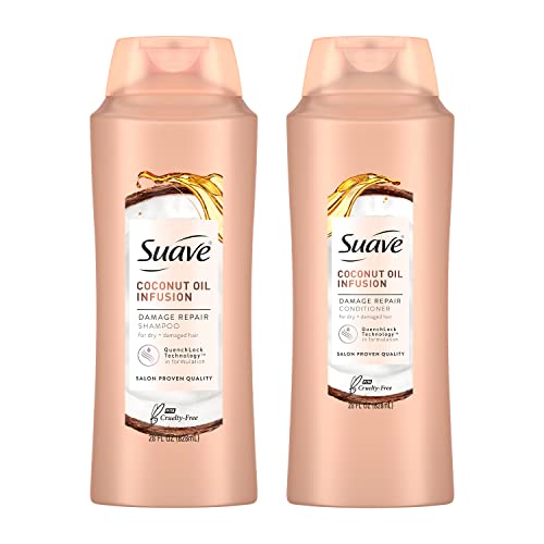Suave Damage Repair Shampoo and Conditioner, For Dry+Damaged Hair, Salon Proven Quality Coconut Oil Infusion, 28 oz Each