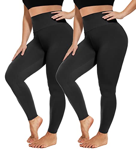 YOLIX 2 Pack Plus Size Leggings with Pockets for Women, 2X 3X 4X High Waisted Black Workout Leggings