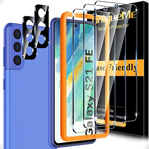 UniqueMe [3+2 Pack] Compatible with Samsung Galaxy S21 FE 5G (Not for Galaxy S21) Screen Protector Tempered Glass and Camera Lens Protector [Easy Installation Frame] HD Clear [Anti-Scratch]