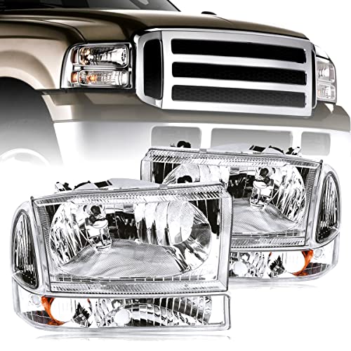 oEdRo Headlight Assembly Compatible with 1999-2004 Ford F250/F350/F450/F550 Super Duty/2000-2004 Ford Excursion, Headlamp with Amber Reflector Clear Lens